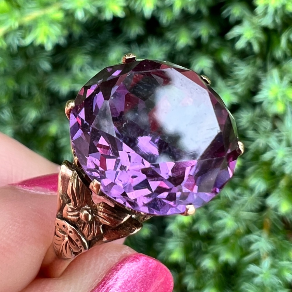 VINTAGE 14K YELLOW GOLD PURPLE COLOR CHANGE SAPPHIRE ALEXANDRITE FLOWER RING - Picture 10 of 16